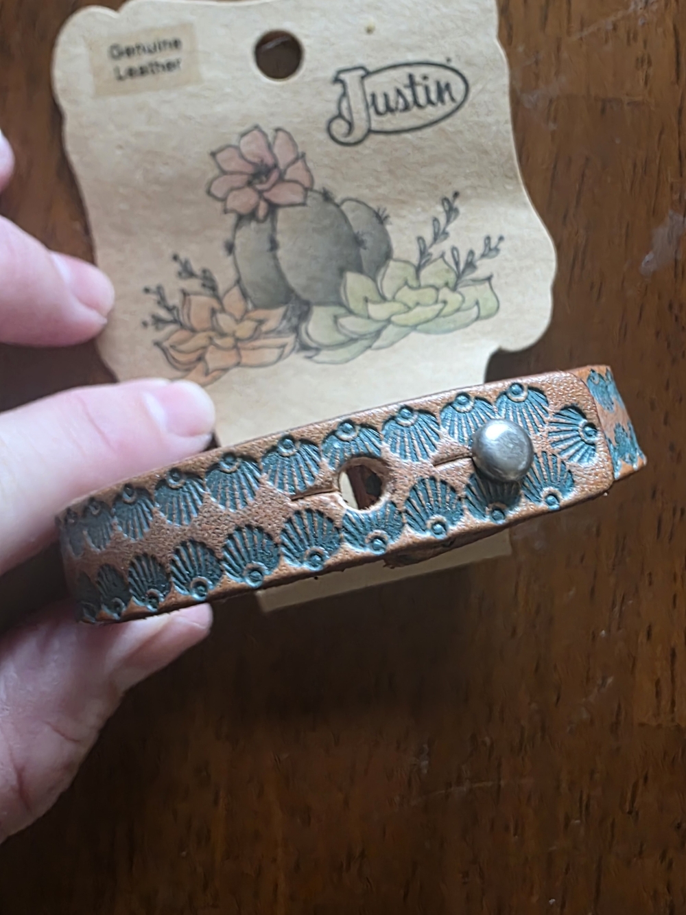 Justin Boots Teal and Brown Tooled Leather Wristband